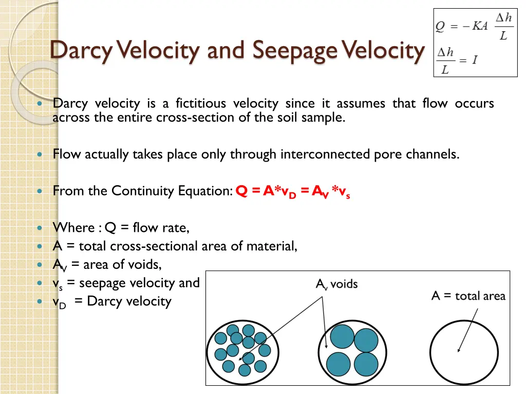 darcy velocity and seepage velocity