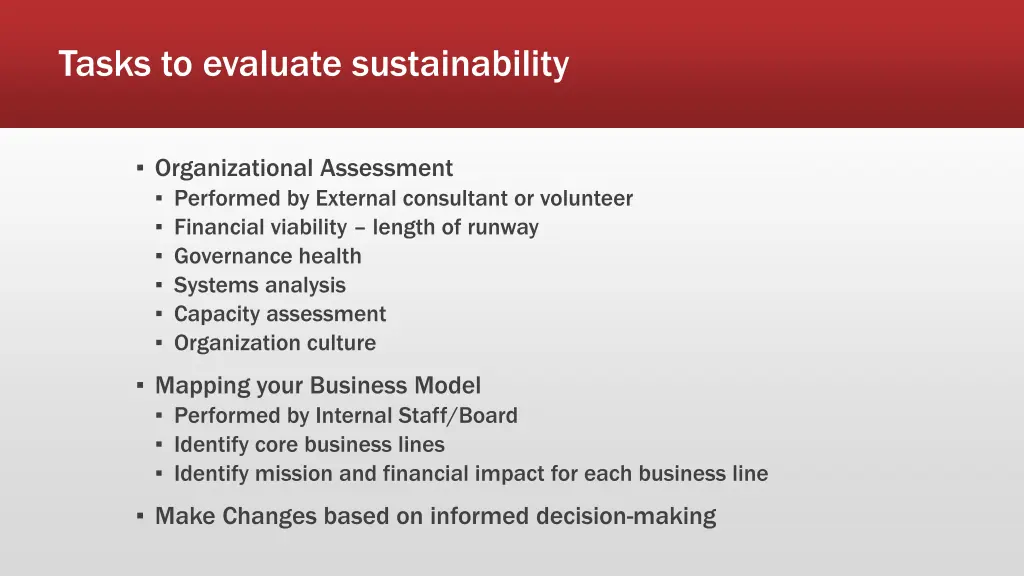 tasks to evaluate sustainability