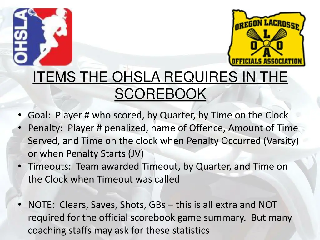 items the ohsla requires in the scorebook