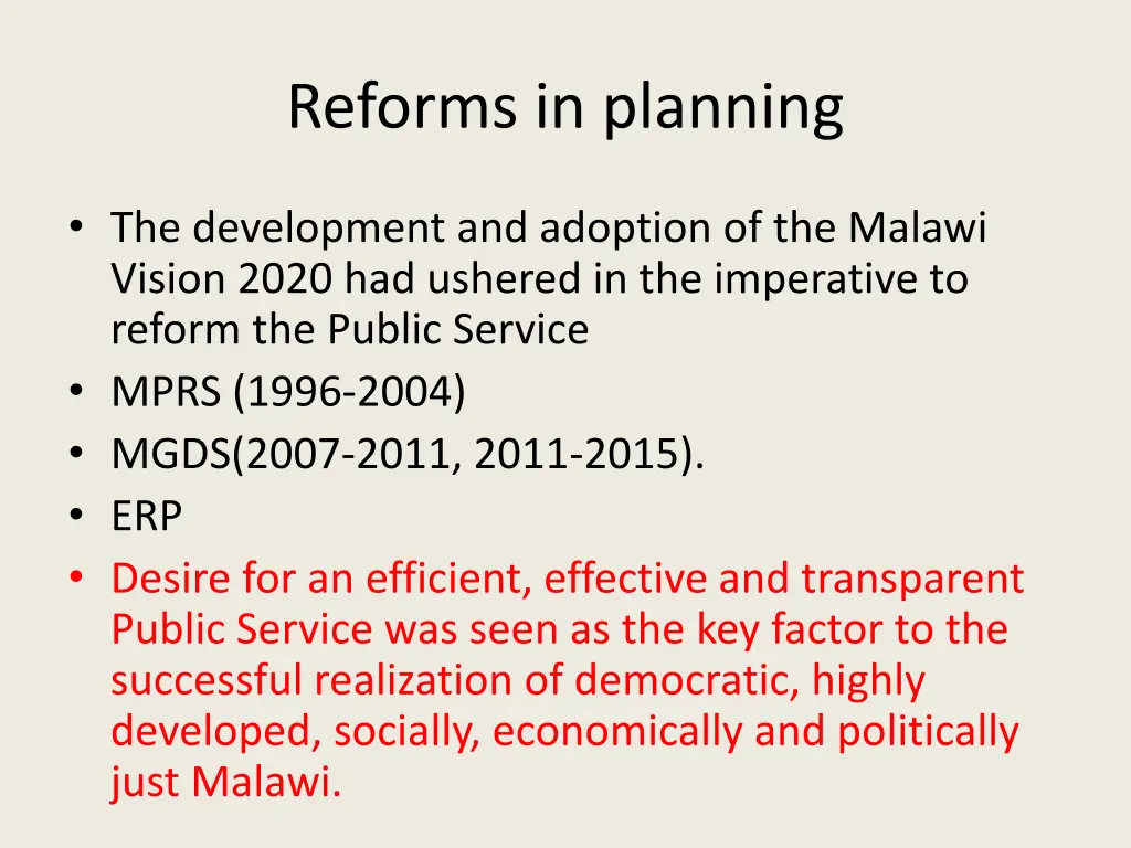 reforms in planning