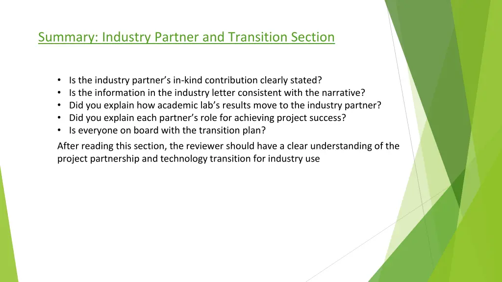 summary industry partner and transition section