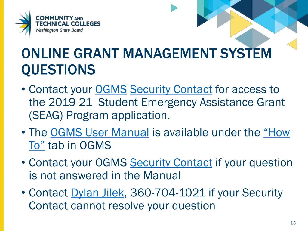 online grant management system questions contact