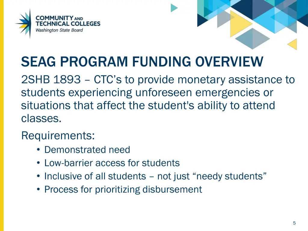 seag program funding overview 2shb 1893