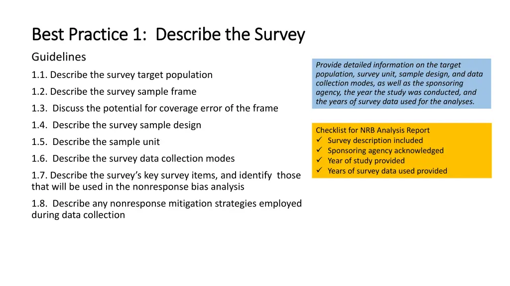 best practice 1 describe the survey best practice