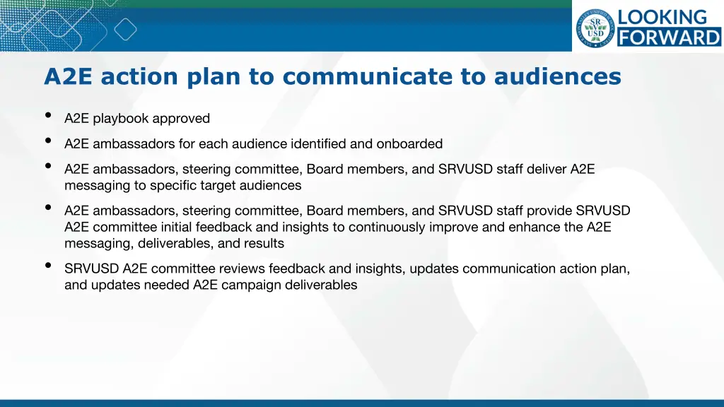 a2e action plan to communicate to audiences