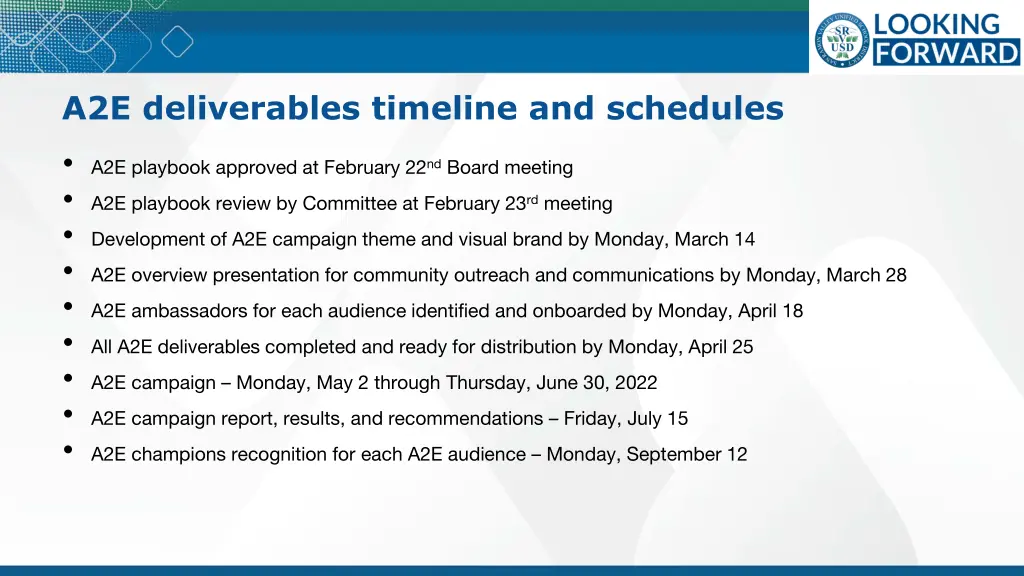 a2e deliverables timeline and schedules