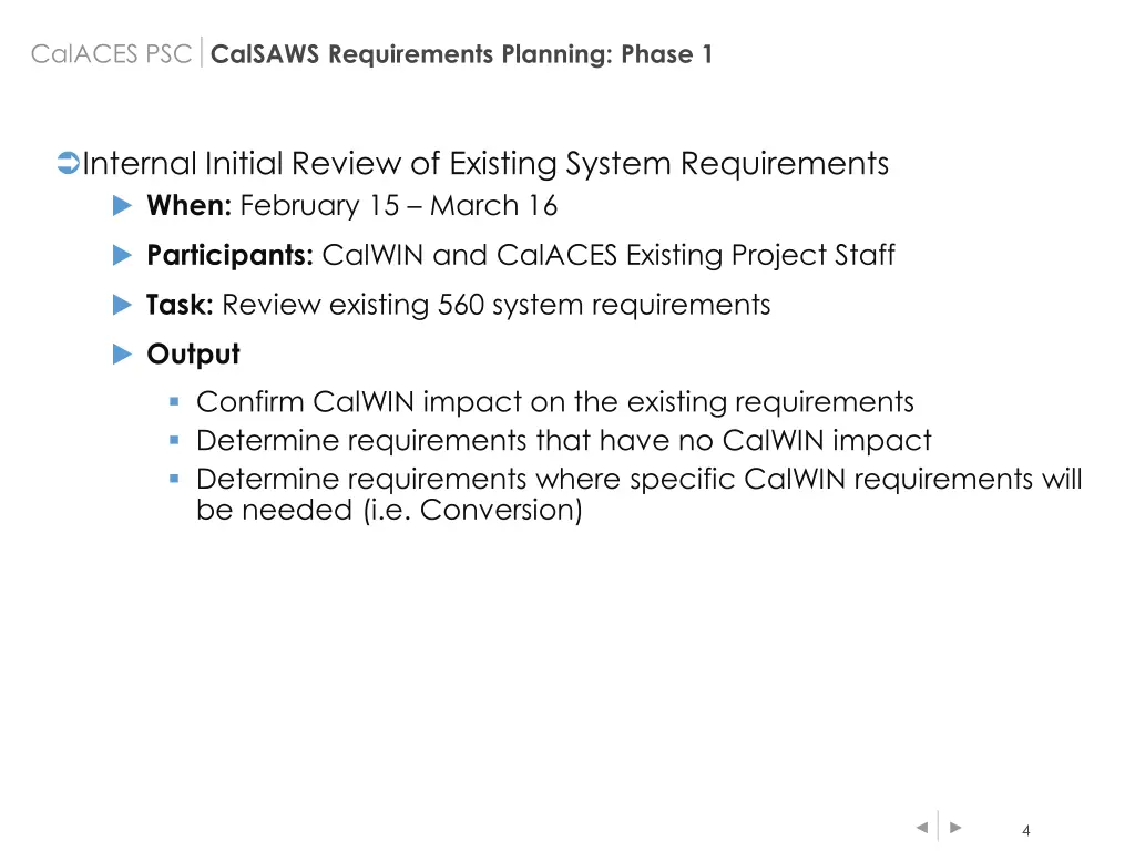 calaces psc calsaws requirements planning phase 1