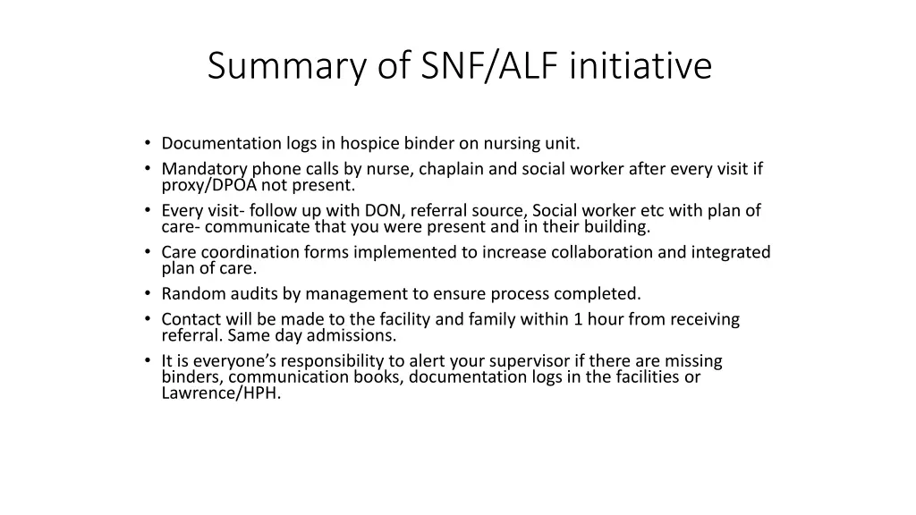 summary of snf alf initiative