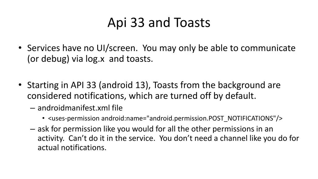 api 33 and toasts