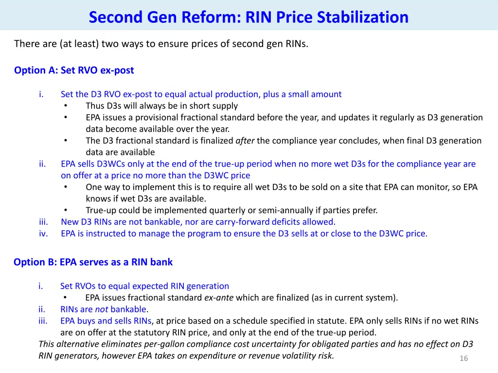 second gen reform rin price stabilization