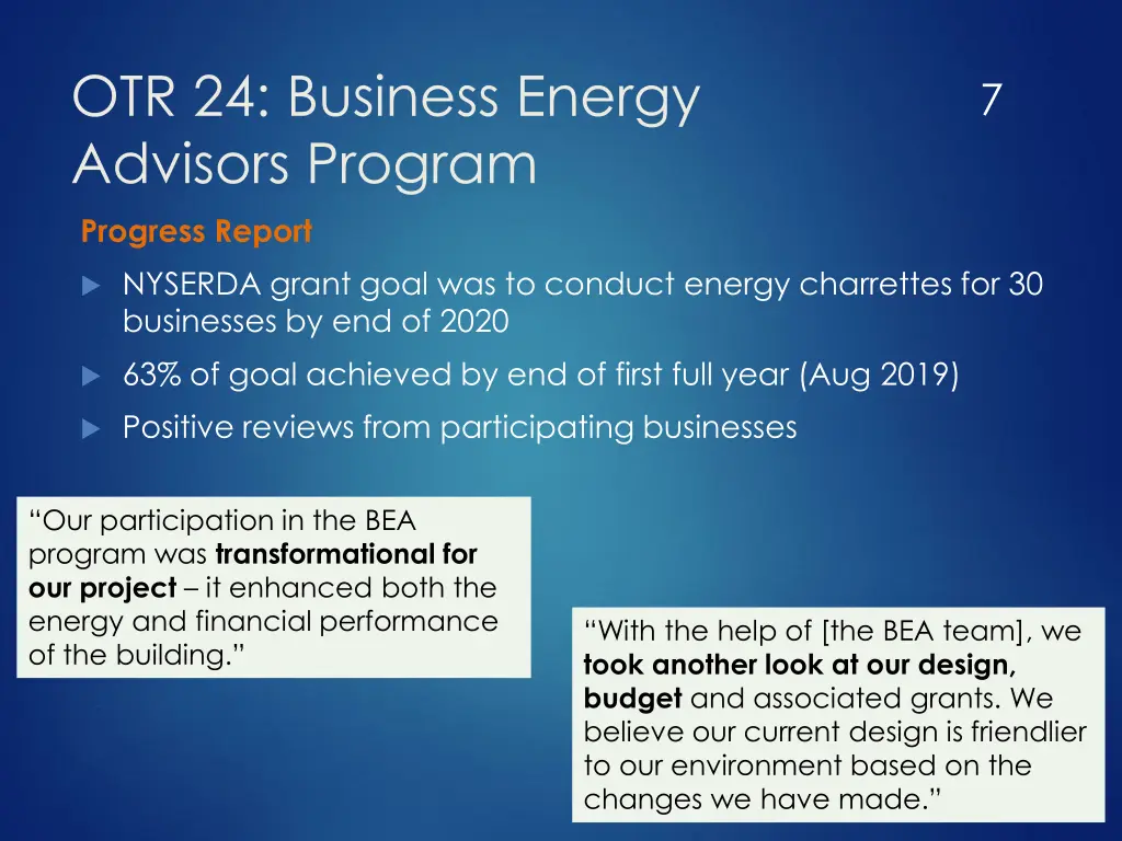 otr 24 business energy advisors program progress