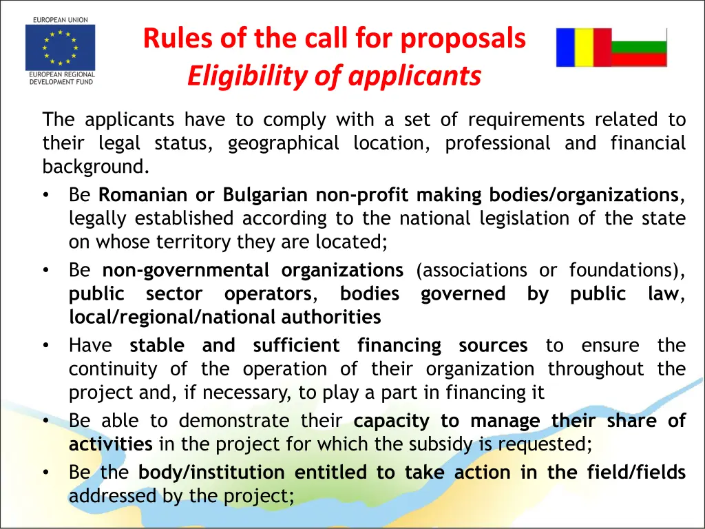 rules of the call for proposals eligibility