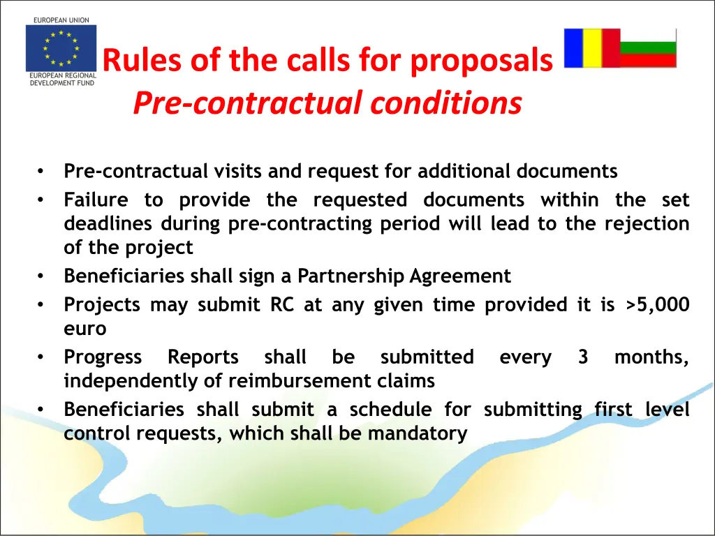 rules of the calls for proposals pre contractual