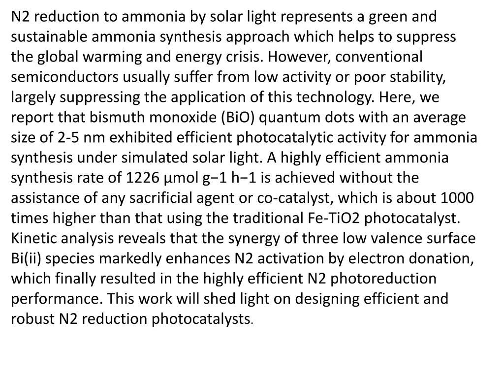 n2 reduction to ammonia by solar light represents