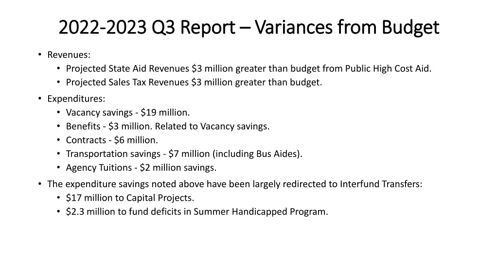 2022 2022 2023 q3 report 2023 q3 report variances