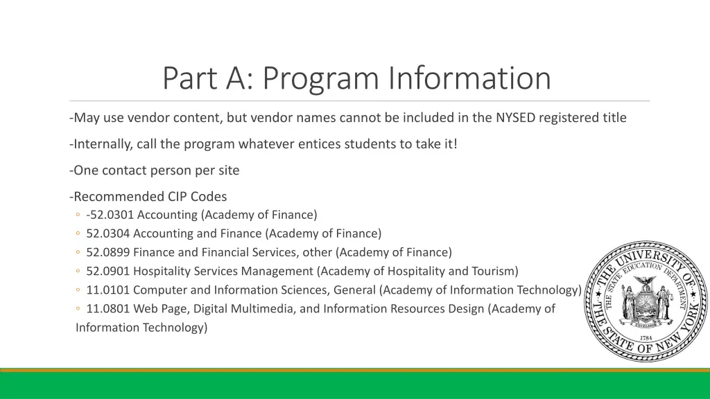 part a program information