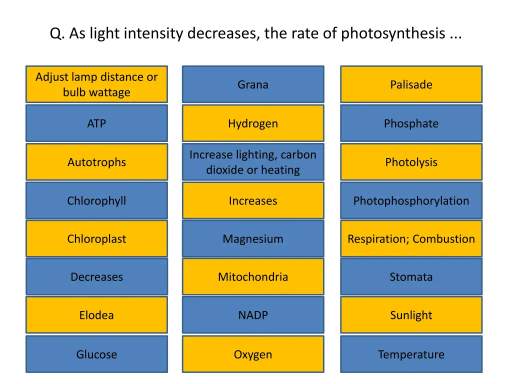 q as light intensity decreases the rate