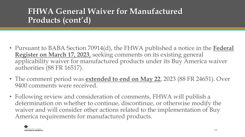 fhwa general waiver for manufactured products 1