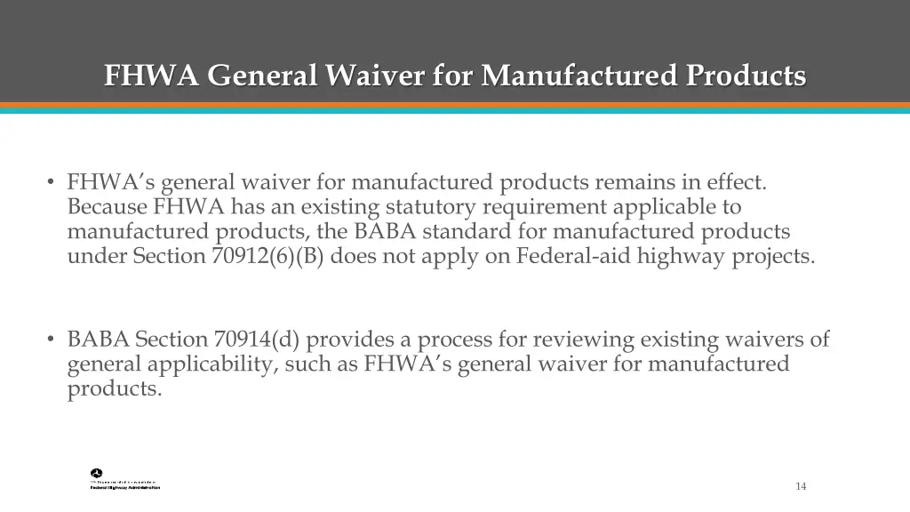 fhwa general waiver for manufactured products