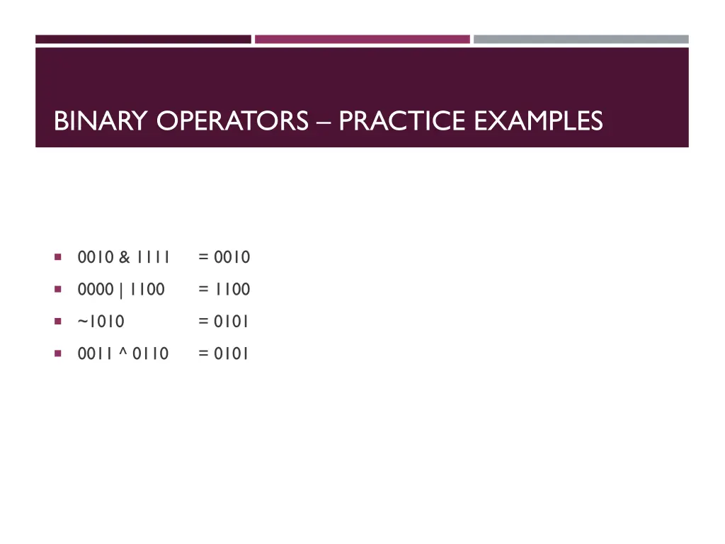 binary operators practice examples