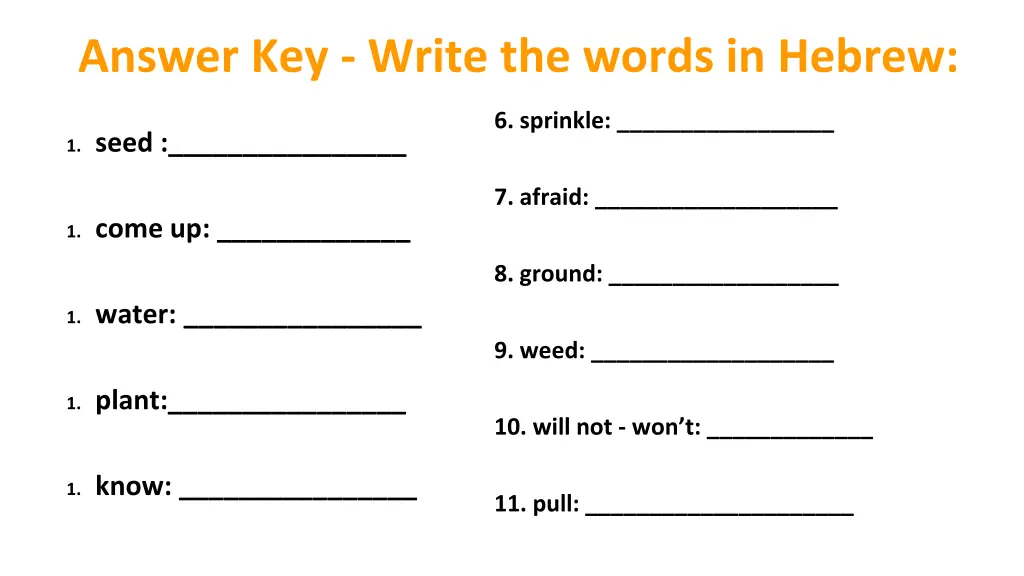 answer key write the words in hebrew