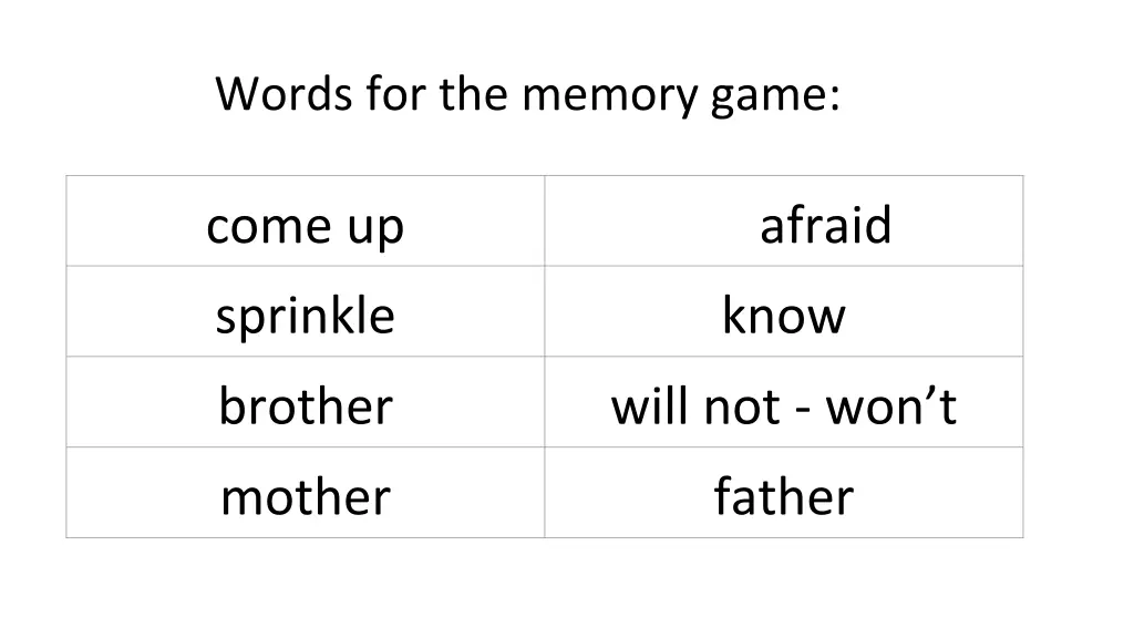 words for the memory game 1