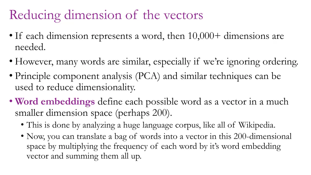 reducing dimension of the vectors