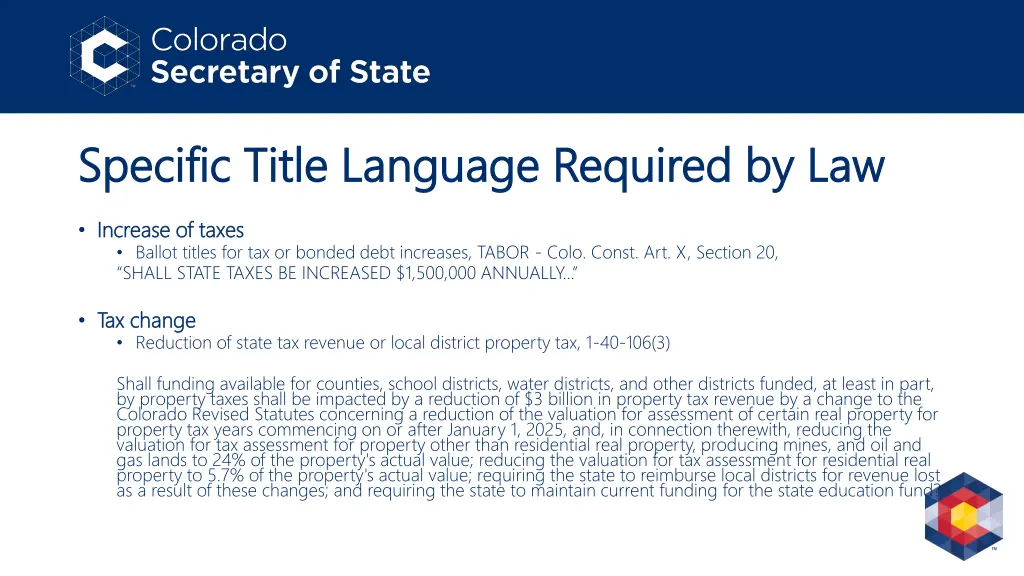 specific title language required by law specific