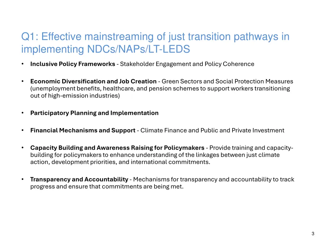 q1 effective mainstreaming of just transition