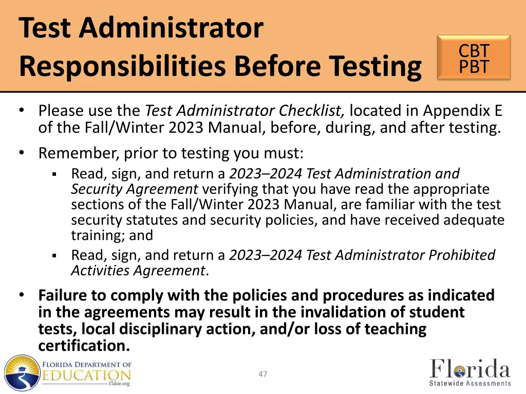 test administrator responsibilities before testing