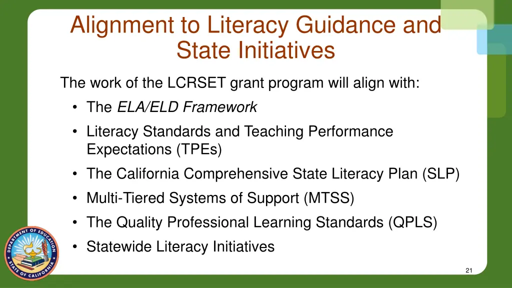 alignment to literacy guidance and state