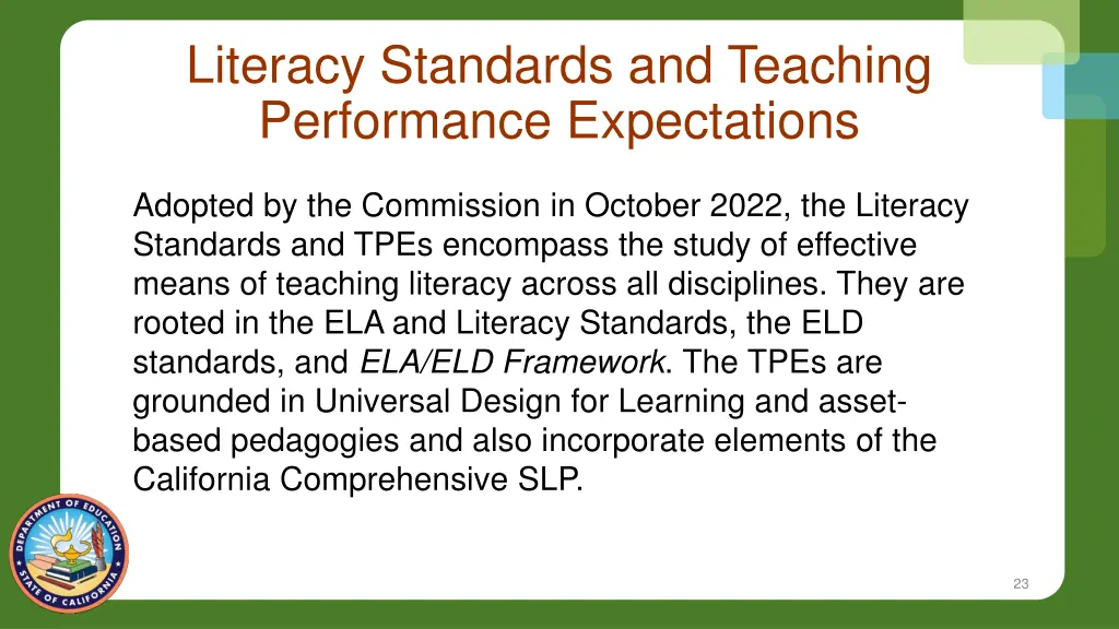 literacy standards and teaching performance