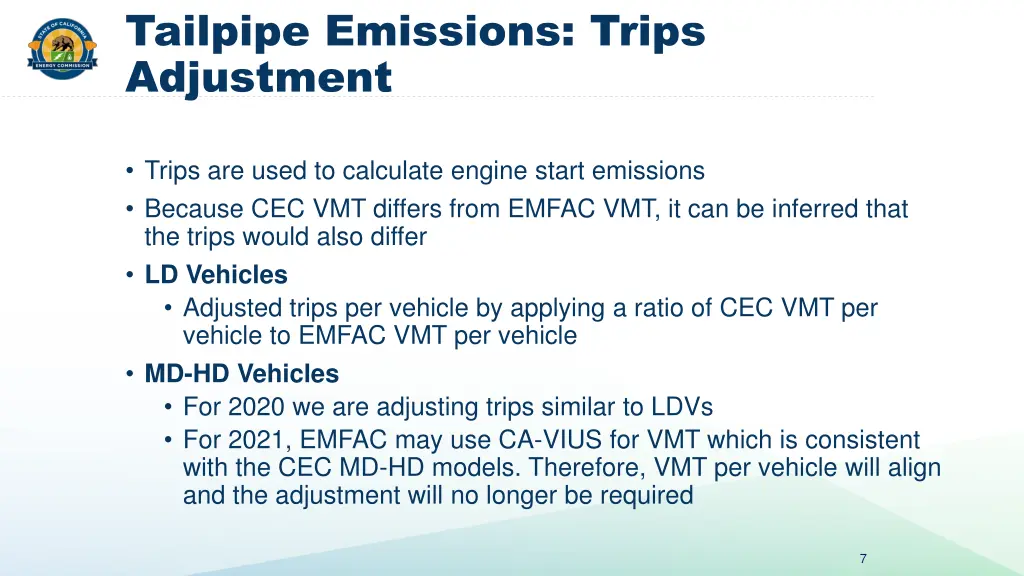 tailpipe emissions trips adjustment