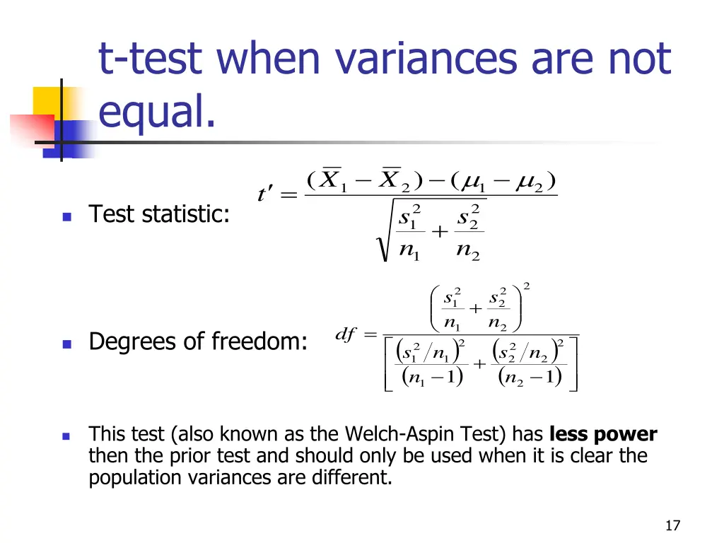 t test when variances are not equal