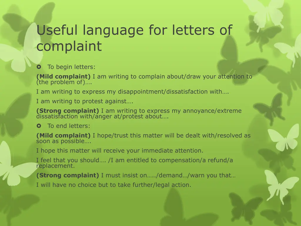 useful language for letters of complaint