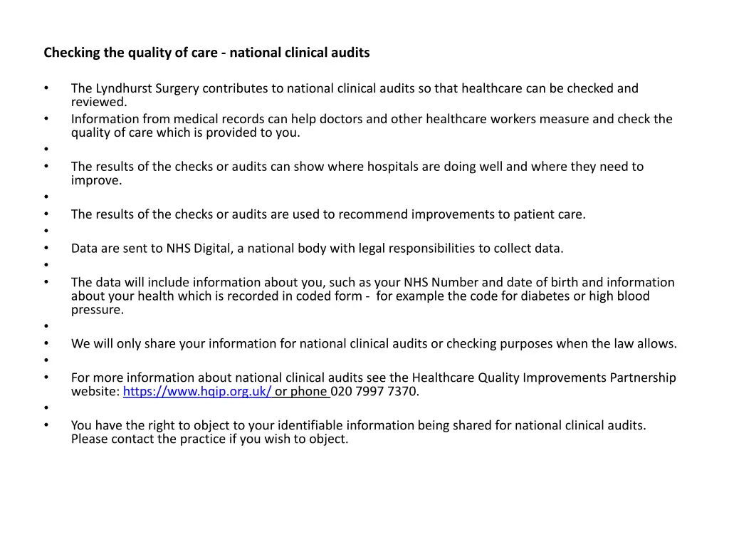 checking the quality of care national clinical