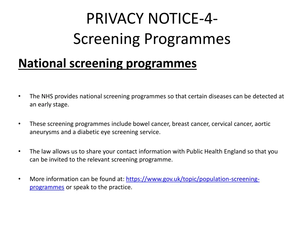 privacy notice 4 screening programmes