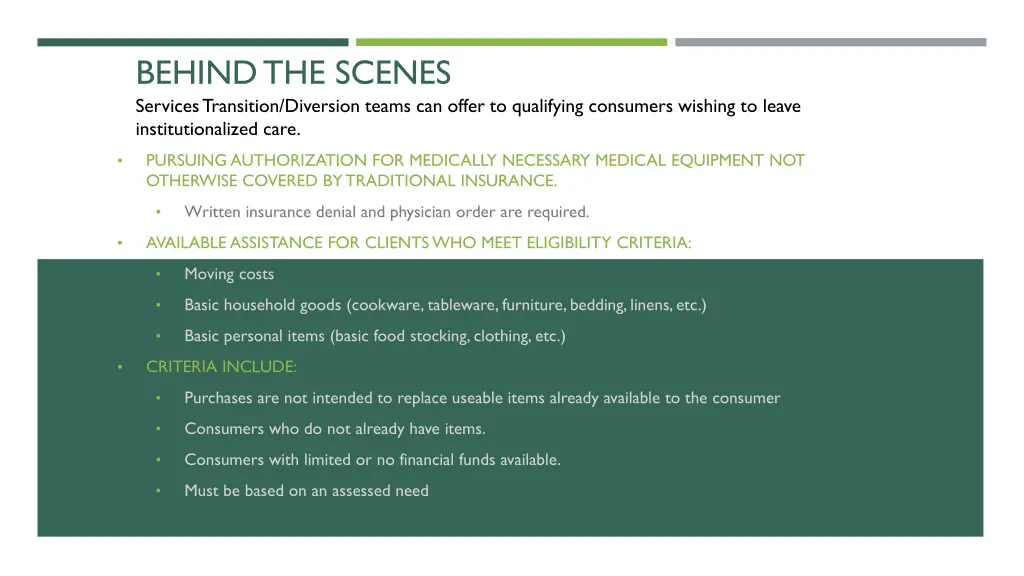 behind the scenes services transition diversion