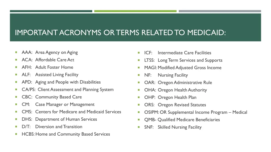 important acronyms or terms related to medicaid