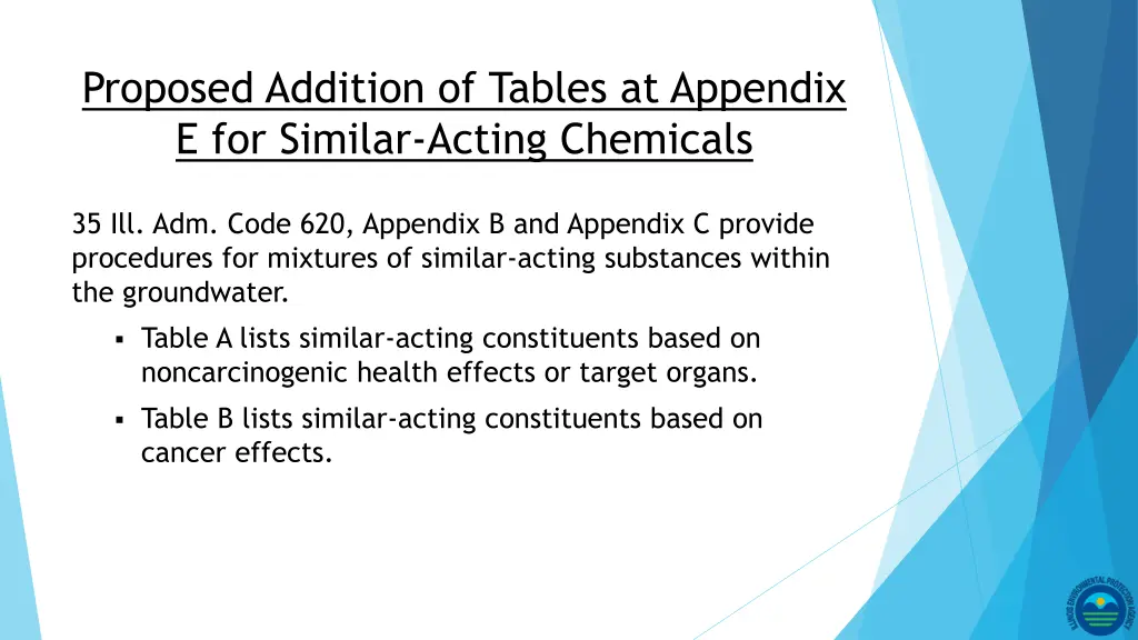 proposed addition of tables at appendix