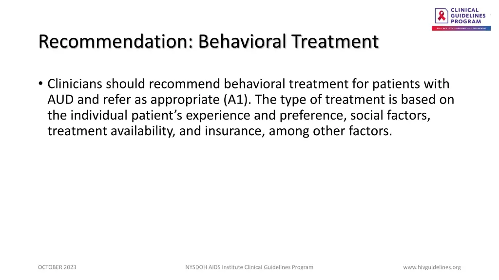 recommendation behavioral treatment