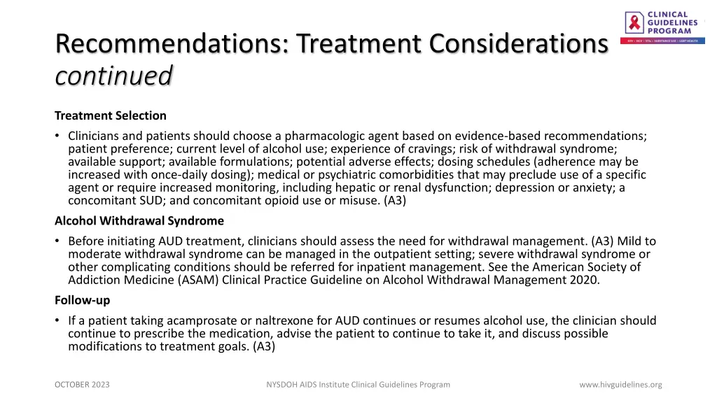 recommendations treatment considerations continued