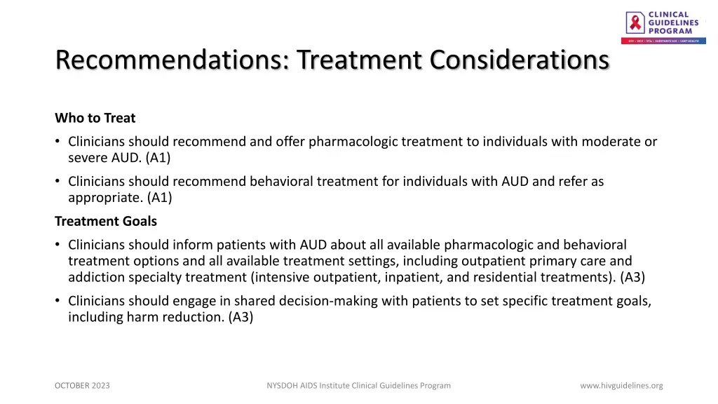 recommendations treatment considerations