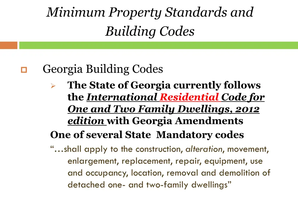 minimum property standards and building codes