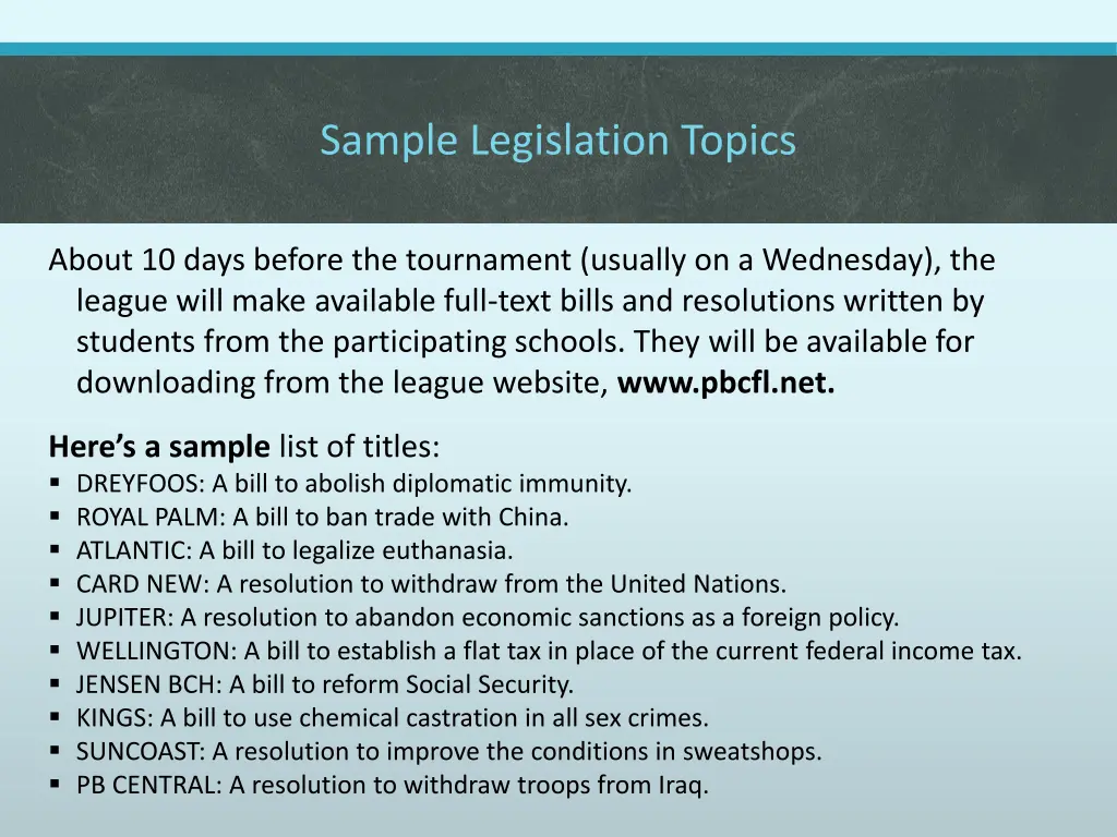 sample legislation topics