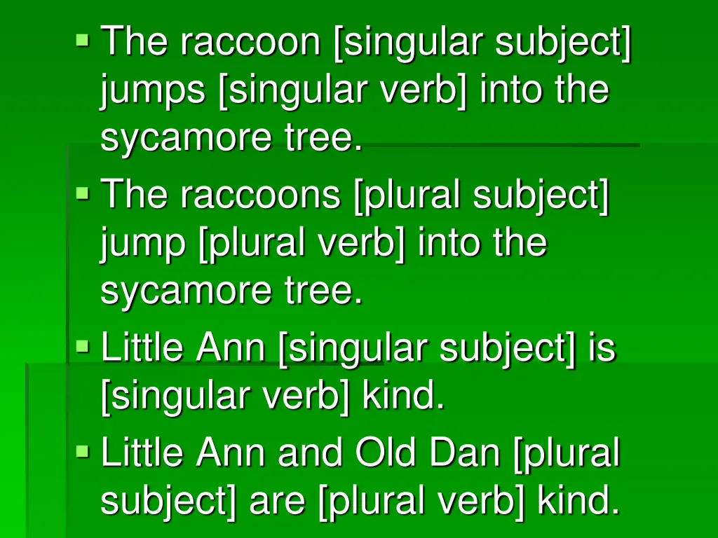 the raccoon singular subject jumps singular verb