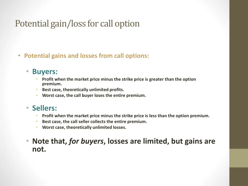 potential gain loss for call option