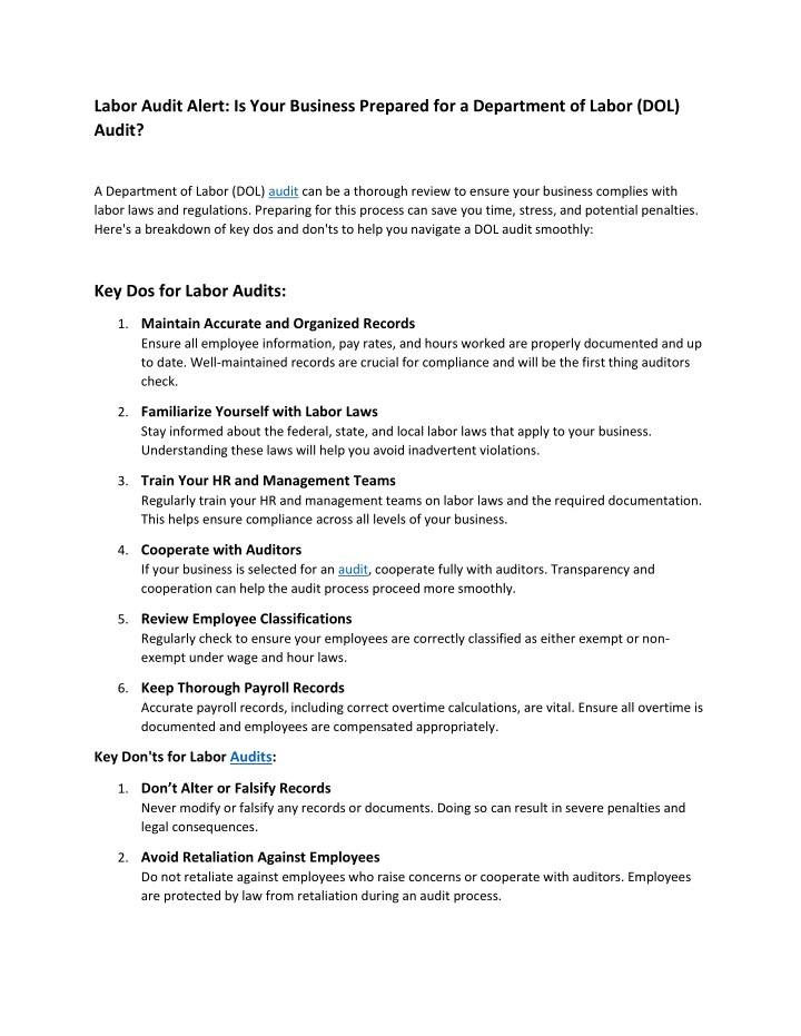 labor audit alert is your business prepared