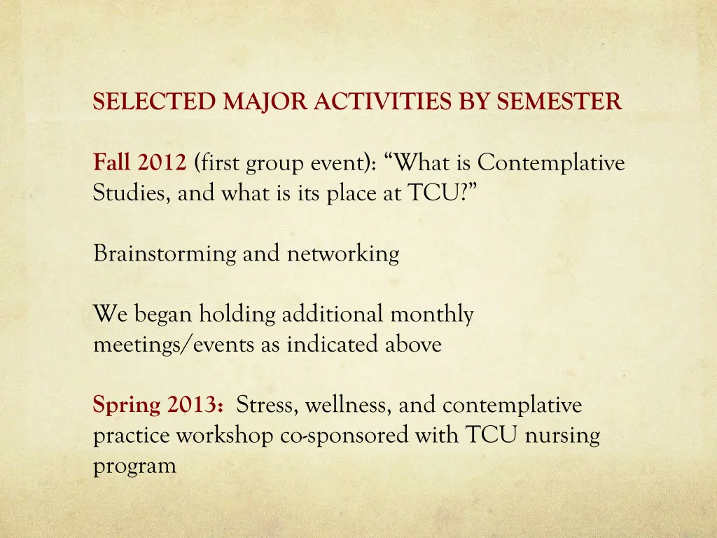 selected major activities by semester