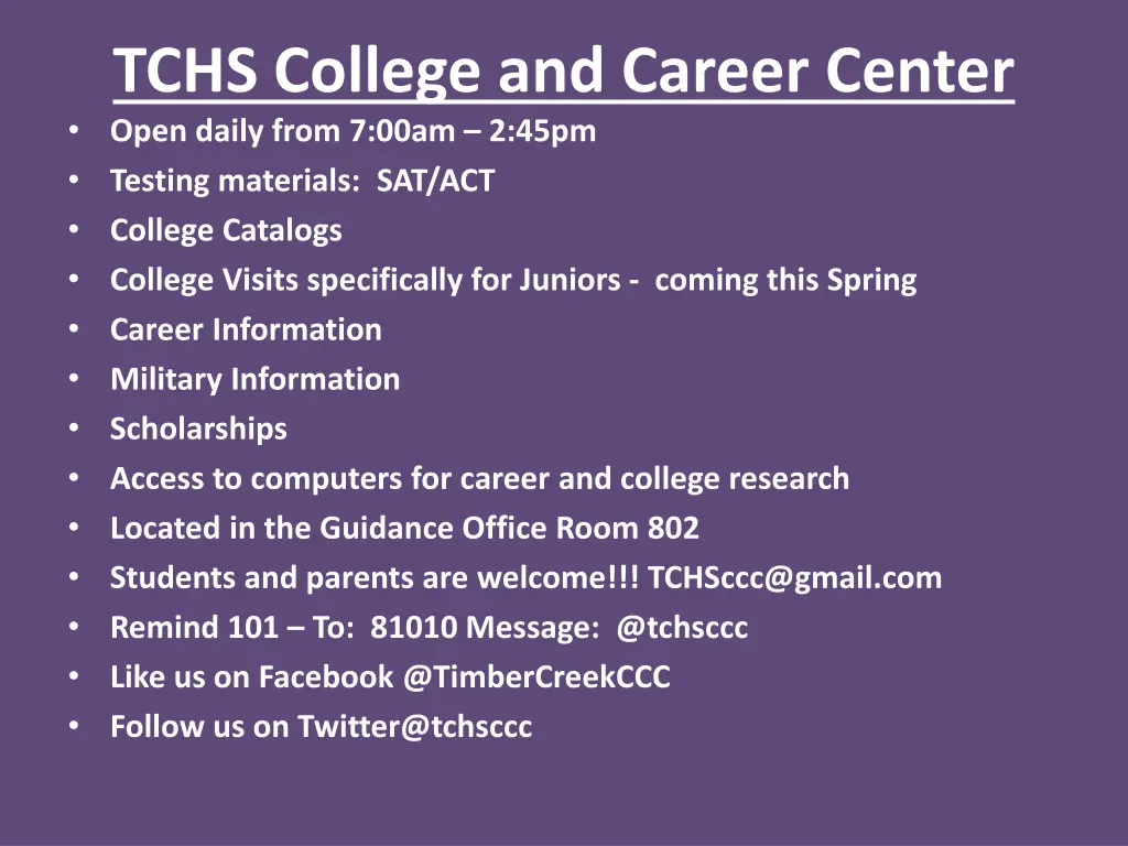 tchs college and career center open daily from